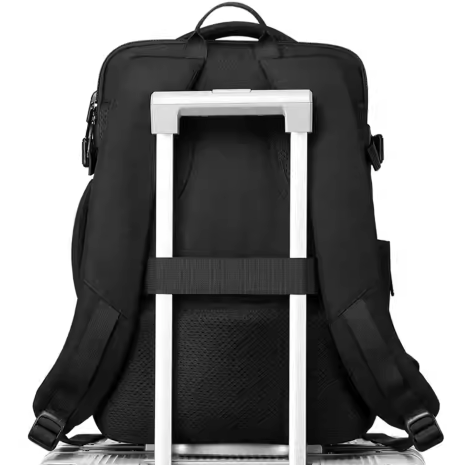 Black backpack with a silver rolling suitcase on a white background